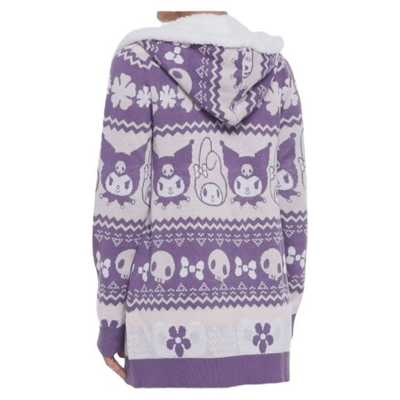 Sanrio Hello Kitty My Melody & Kuromi Cardigan Sweater Purple White Knit Sherpa - Picture 1 of 9
